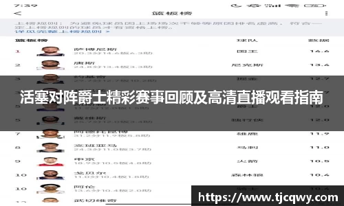 活塞对阵爵士精彩赛事回顾及高清直播观看指南